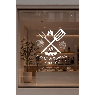 Kafe & Tatlıcı Cam Vitrin Sticker – Sweet & Waffle Yazısı Dekor Tasarımı - Waffle ve Tatlı Temalı Dekor