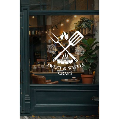 Kafe & Tatlıcı Cam Vitrin Sticker – Sweet & Waffle Yazısı Dekor Tasarımı - Waffle ve Tatlı Temalı Dekor