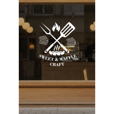 Kafe & Tatlıcı Cam Vitrin Sticker – Sweet & Waffle Yazısı Dekor Tasarımı - Waffle ve Tatlı Temalı Dekor