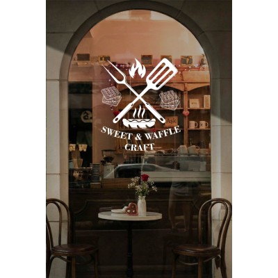 Kafe & Tatlıcı Cam Vitrin Sticker – Sweet & Waffle Yazısı Dekor Tasarımı - Waffle ve Tatlı Temalı Dekor