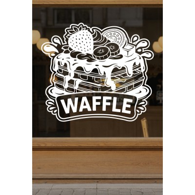 Waffle Kafe Vinil Duvar Sticker – Çilek Muz Oreo Süslemeli – Kafe Duvar & Cam Çıkartması