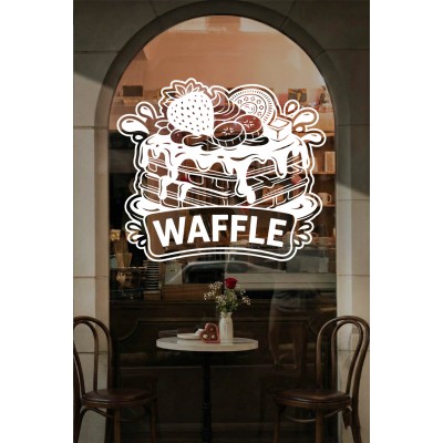 Waffle Kafe Vinil Duvar Sticker – Çilek Muz Oreo Süslemeli – Kafe Duvar & Cam Çıkartması