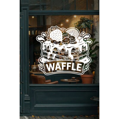 Waffle Kafe Vinil Duvar Sticker – Çilek Muz Oreo Süslemeli – Kafe Duvar & Cam Çıkartması