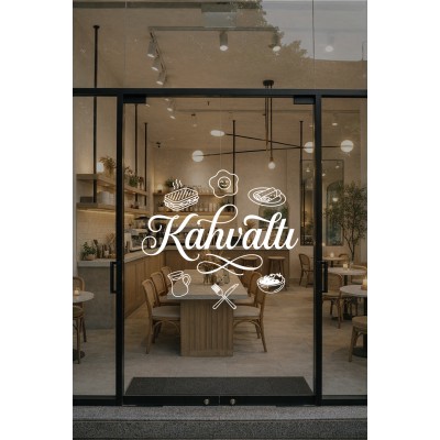 Kahvaltı Yazılı Kafe Duvar Sticker – Tost Yumurta Çay İkonlu Restoran Vinil Çıkartma