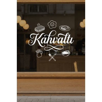 Kahvaltı Yazılı Kafe Duvar Sticker – Tost Yumurta Çay İkonlu Restoran Vinil Çıkartma