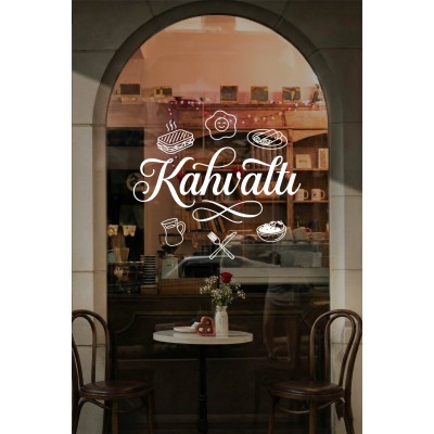 Kahvaltı Yazılı Kafe Duvar Sticker – Tost Yumurta Çay İkonlu Restoran Vinil Çıkartma