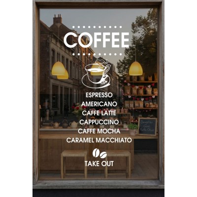 Kafe ve Restoranlara Özel Coffee Yazısı Cam Vitrin Sticker – Modern Kahve Menü Cam Yazısı – Take Away Vinil Dekor