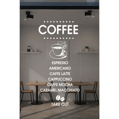 Kafe ve Restoranlara Özel Coffee Yazısı Cam Vitrin Sticker – Modern Kahve Menü Cam Yazısı – Take Away Vinil Dekor
