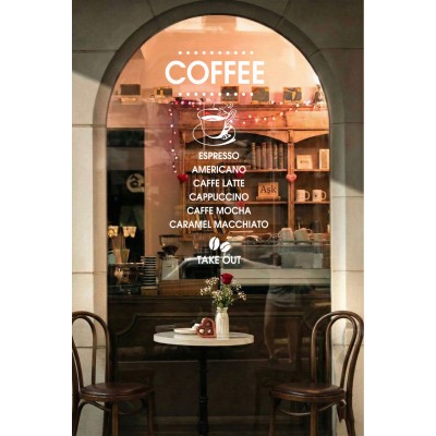 Kafe ve Restoranlara Özel Coffee Yazısı Cam Vitrin Sticker – Modern Kahve Menü Cam Yazısı – Take Away Vinil Dekor