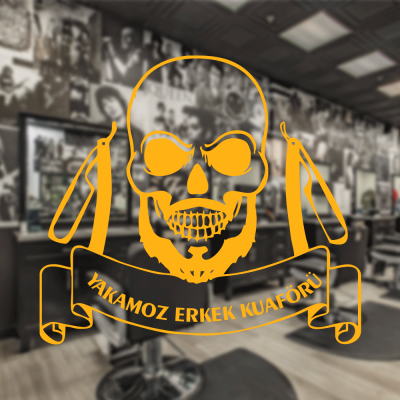 Berberlere ve Kuaförlere Özel Kuru Kafa İsimli Sticker Yapıştırma