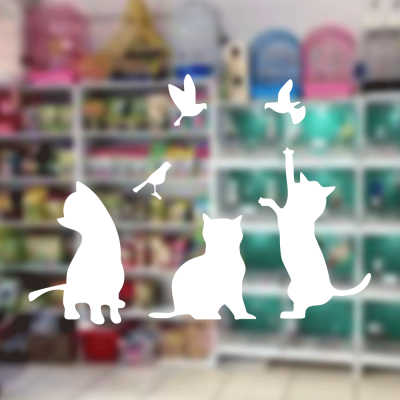 Petshop Ve Veterinerlere Özel Kuşlarla Oynayan Kediler Sticker Yapıştırma Petshop Ve Veterinerlere Özel Kuşlarla Oynayan Kediler Sticker Yapıştırma
