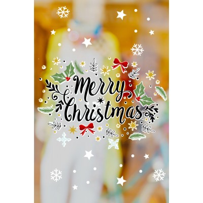 Yeni Yıla Özel Merry Christmas Yazısı Yapraklar ve Kar Tanesi Ev Vitrin Yılbaşı Sticker Stickerları