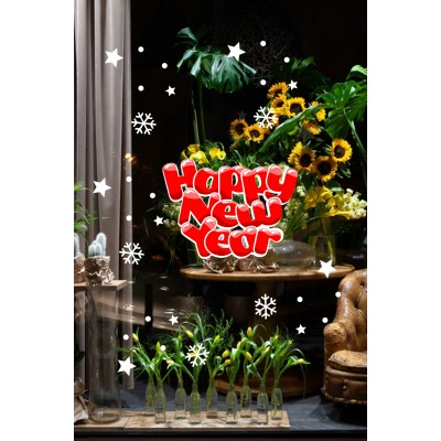 Sevimli Happy New Year Yazısı Yılbaşı Süslemeleri ve Kar Tanesi Ev Vitrin Yılbaşı Sticker Stickerları