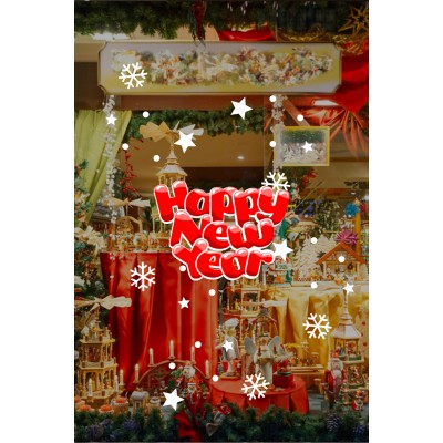 Sevimli Happy New Year Yazısı Yılbaşı Süslemeleri ve Kar Tanesi Ev Vitrin Yılbaşı Sticker Stickerları