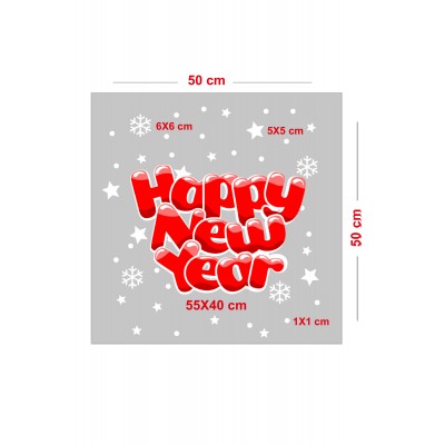 Sevimli Happy New Year Yazısı Yılbaşı Süslemeleri ve Kar Tanesi Ev Vitrin Yılbaşı Sticker Stickerları