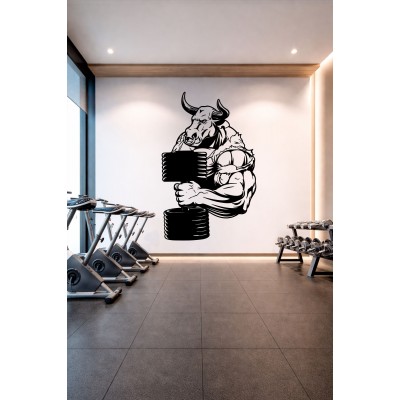 Kaslı Boğa Ağırlık Tasarımı Spor Salonu Duvar Sticker - Güç ve Performans Temalı Duvar Dekoru