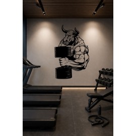 Kaslı Boğa Ağırlık Tasarımı Spor Salonu Duvar Sticker - Güç ve Performans Temalı Duvar Dekoru