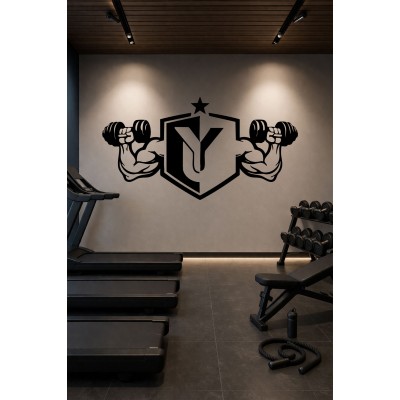 Spor Salonu Duvar Sticker – Fitness Logo & Dumbbell Güç Dekoru - Gym Dekor Sticker