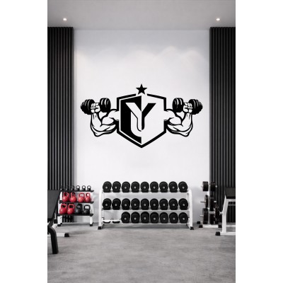 Spor Salonu Duvar Sticker – Fitness Logo & Dumbbell Güç Dekoru - Gym Dekor Sticker