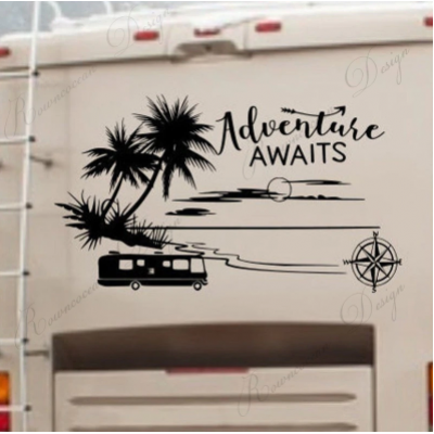 Macera bekliyor Rv Camper çıkartması, beşinci tekerlek vinil yapışkan motorlu ev çıkartması, plaj Rv dekor, okyanus palmiye ağacı dekorasyon
