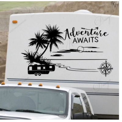 Macera bekliyor Rv Camper çıkartması, beşinci tekerlek vinil yapışkan motorlu ev çıkartması, plaj Rv dekor, okyanus palmiye ağacı dekorasyon