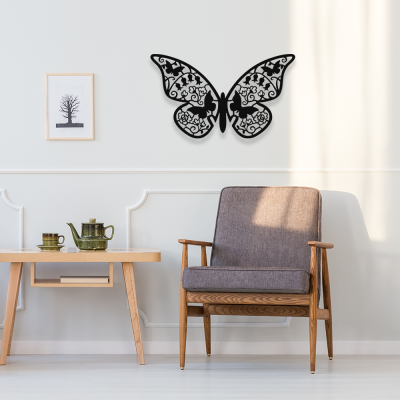 Çiçekler ve Uçuşan Kelebekler Dekoratif Metal Tasarımı 50x30 cm