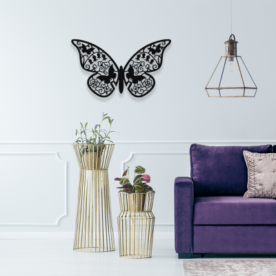 Çiçekler ve Uçuşan Kelebekler Dekoratif Metal Tasarımı 50x30 cm