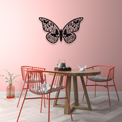 Çiçekler ve Uçuşan Kelebekler Dekoratif Metal Tasarımı 50x30 cm