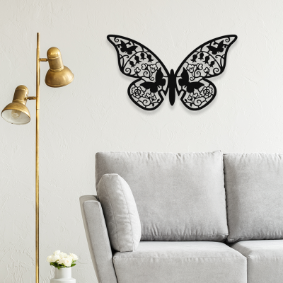 Çiçekler ve Uçuşan Kelebekler Dekoratif Metal Tasarımı 50x30 cm