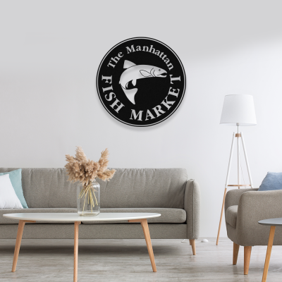Firmaya Özel FİSH BALIK MARKET YUVARLAK METAL SAÇ TABELA  60x60 cm 