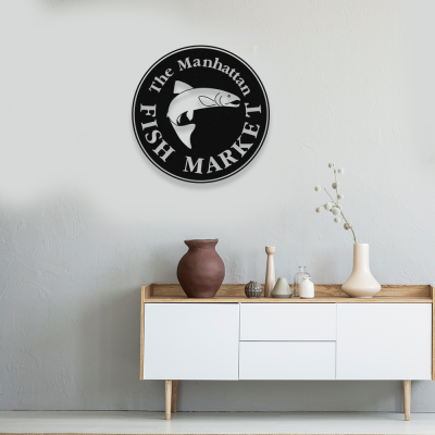 Firmaya Özel FİSH BALIK MARKET YUVARLAK METAL SAÇ TABELA  60x60 cm 