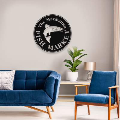 Firmaya Özel FİSH BALIK MARKET YUVARLAK METAL SAÇ TABELA  60x60 cm 