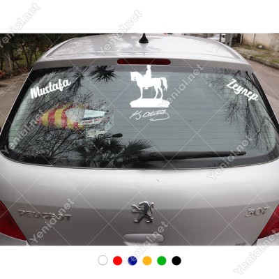 At Üstünde Atatürk ve Kişiye Özel 2 Adet Yazı Araç Stickerları