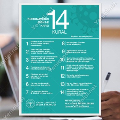 Koranavirüs Riskine Karşı 14 Kural Mavi Zemin Yazısı Afişi Stickerı