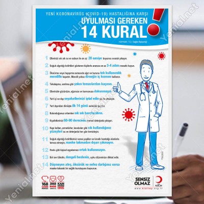 Koranavirüs Riskine Karşı 14 Kural Mavi Zemin Yazısı Kızılay Afişi Stickerı
