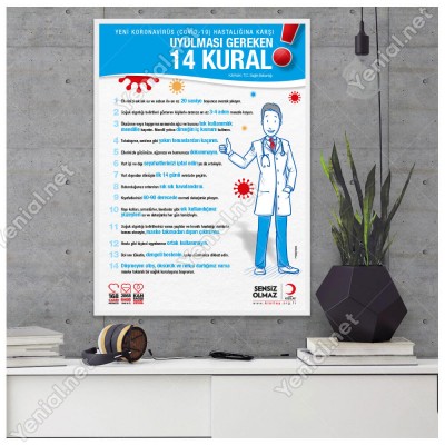 Koranavirüs Riskine Karşı 14 Kural Mavi Zemin Yazısı Kızılay Afişi Stickerı