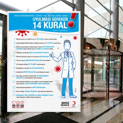Koranavirüs Riskine Karşı 14 Kural Mavi Zemin Yazısı Kızılay Afişi Stickerı