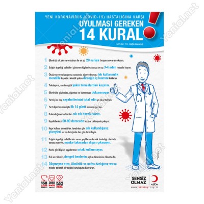 Koranavirüs Riskine Karşı 14 Kural Mavi Zemin Yazısı Kızılay Afişi Stickerı