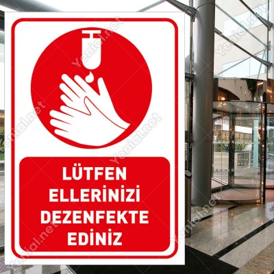 Lütfen Ellerinizi Dezenfekte Ediniz Simgeli Kırmızı Renk Sticker Etiket Afiş Yapıştırma