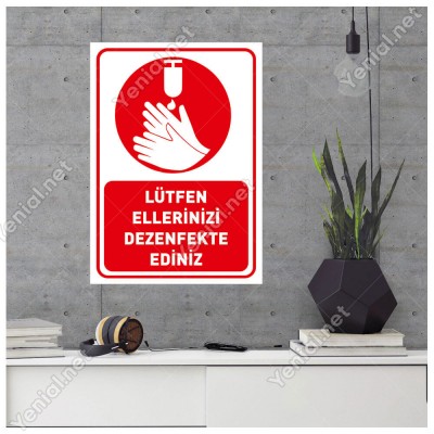 Lütfen Ellerinizi Dezenfekte Ediniz Simgeli Kırmızı Renk Sticker Etiket Afiş Yapıştırma