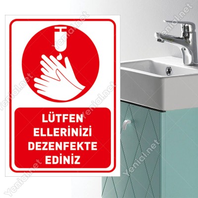 Lütfen Ellerinizi Dezenfekte Ediniz Simgeli Kırmızı Renk Sticker Etiket Afiş Yapıştırma