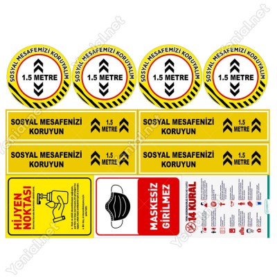 Sosyal Mesafe Stickerları Set Sosyal Mesafe Maskesiz Girilmez 14 Kural 3mm Dekoteli SET