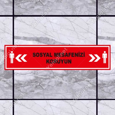 Sosyal Mesafenizi Koruyun Yazısı Kırmızı Renk Yere Yapıştırılacak Sticker Afiş 12x50cm