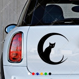 Ay Üzerinde Bekleyen Kedi Etiket Sticker Yapıştırma
