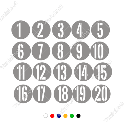 1'Den 20'Ye Kadar Yuvarlak İçinde Şablon Rakam Sayı Sticker 