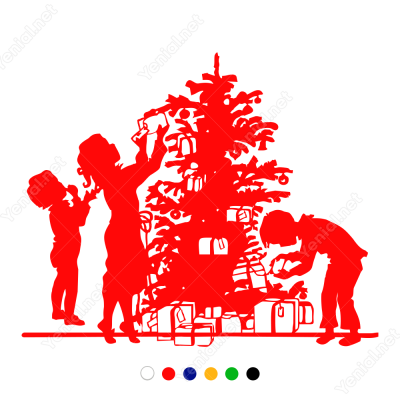 Yılbaşı Süslemesi Çocuklar ve Yılbaşı Ağacı Sticker Yapıştırma 115x98cm