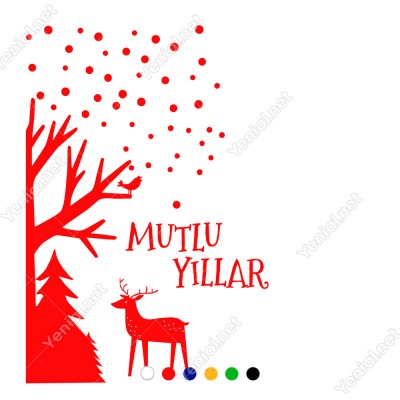 Çam Ağacında Uçuşan Kuş Kar Taneleri Geyik ve Mutlu Yıllar Yazısı Yılbaşı Süslemeleri