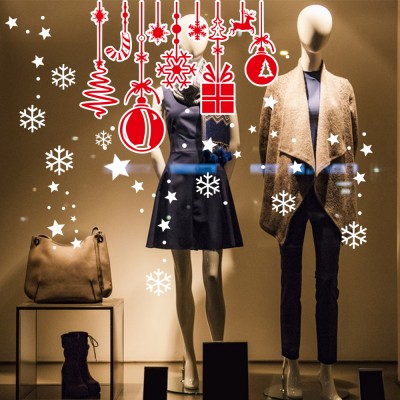 Salınan Hediye Kutusu Kar Tanesi ve Yılbaşı Ağacı Vitrin Süslemeleri Sticker 70x70cm