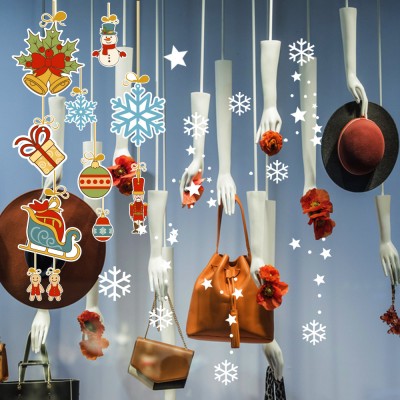 Salınan Sevimli Süslemeler Kar Taneleri ve Yılbaşı Ağacı Zil Vitrin Stickerları 70x70cm