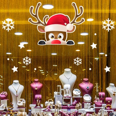 Sevimli Geyik ve Kar Taneleri Vitrin Sticker Yapıştırma 70x70cm